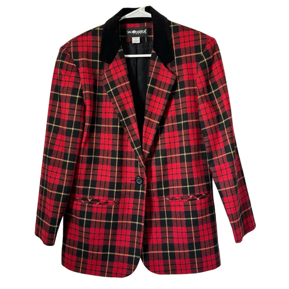 Vintage Sag Harbor Red Black Tartan Plaid Christmas Oversized Blazer Jacket